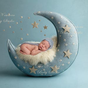Newborn Digital Backdrop Cresent Moon, Newborn Digital Background, Digital Background Newborn, Moon, Light Blue, Stars