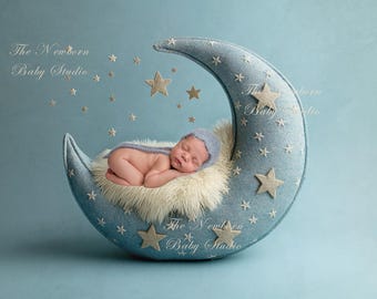 Newborn Digital Backdrop Cresent Moon, Newborn Digital Background, Digital Background Newborn, Moon, Light Blue, Stars