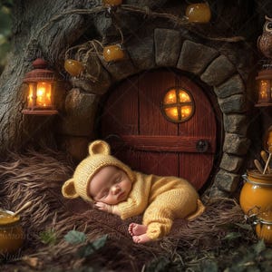 May include: A sleeping baby in a yellow bear costume lies in front of a wooden door in a tree. The scene includes lanterns, honey pots, and an owl, creating a whimsical, fairytale-like setting. The image is a newborn photography prop.