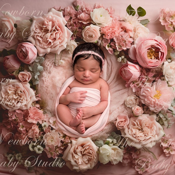 Newborn Digital Backdrop with flower nest, pink flower backdrop newborn, dusky pink, girl, over the top