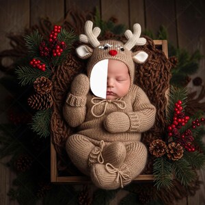 Puede incluir: Un bebé recién nacido con un disfraz de reno beige con cuernos, manoplas y botines, acurrucado en una caja de madera. La caja está rodeada de ramas de pino, bayas rojas y piñas, creando una escena festiva navideña.
