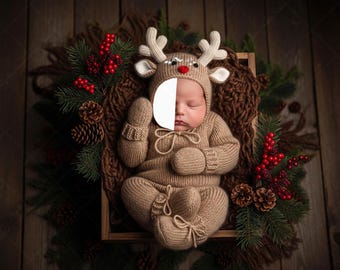 Neugeborenen Digitalen Hintergrund Weihnachten Rentier, Gesicht Einsatz Baby Foto Prop, Weihnachten Verbundstoff PSD