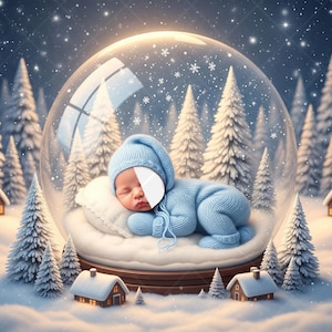 Può includere: Un bambino in un completo e cappello di maglia blu dorme all'interno di una palla di neve. Il globo è ambientato in una scena invernale con alberi innevati e piccole case. Lo sfondo è un cielo blu scuro con fiocchi di neve che cadono.