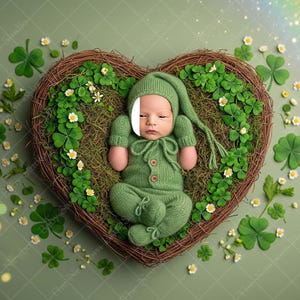 Può includere: Un neonato in un completo verde lavorato a maglia, tra cui cappello, guanti e pantaloni, giace in un nido a forma di cuore fatto di ramoscelli e vegetazione. Il nido è decorato con trifogli e piccoli fiori bianchi. Un arcobaleno e luci bokeh sullo sfondo.