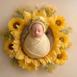 Puede incluir: Un bebé recién nacido envuelto en una manta amarilla, acurrucado en un lecho de girasoles amarillos. El bebé lleva un gorro a juego. El arreglo se encuentra sobre un fondo suave y neutro, creando una escena cálida y acogedora.