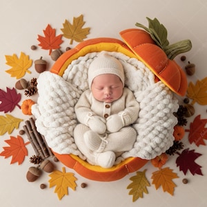 Peut inclure: Un nouveau-né vêtu d'une tenue crème, comprenant un bonnet, des moufles et un pantalon à pieds, repose dans un accessoire en forme de citrouille. La scène est décorée de feuilles d'automne, de glands et de petites citrouilles.