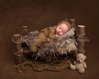 Newborn Digital Backdrop - Newborn Digital Background - teddy - log bed - brown - composite - Digital backdrop newborn