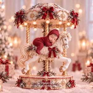 May include: A decorative carousel prop featuring a white horse with gold accents, adorned with red bows and greenery. A sleeping infant in a red knit outfit rests on the horse. The base is circular with ornate patterns and the text Digitals by TL's Newborn Baby Studio.