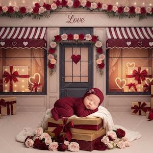 May include: A newborn baby in a burgundy outfit and hat rests on a stack of gift boxes with a red bow. The backdrop is a shop facade with striped awnings, heart decorations, and the word "Love". Roses and lights adorn the scene.