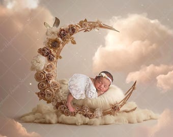 Rose Gold Crescent Moon Digital Newborn Backdrop | Floral Moon Baby Photography Prop | Dreamy Baby Photo Background | Digital Download