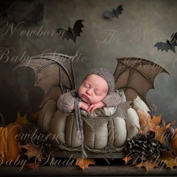 Halloween Newborn Digital Backdrop, Newborn Digital background, Bat composite Newborn, Pumpkin composite, bats, pumpkins, boy, girl