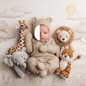 May include: A newborn baby in a beige bear costume surrounded by plush safari animals: a giraffe, elephant, lion, and tiger. The background features a savanna scene with trees, clouds, and a sun.