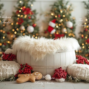 May include: A festive newborn photography prop arrangement. A white wooden basket with a fluffy lining is surrounded by decorations, including knitted cushions, red berries, a gingerbread biscuit, and miniature Santa hats. Lit Christmas trees are in the background.