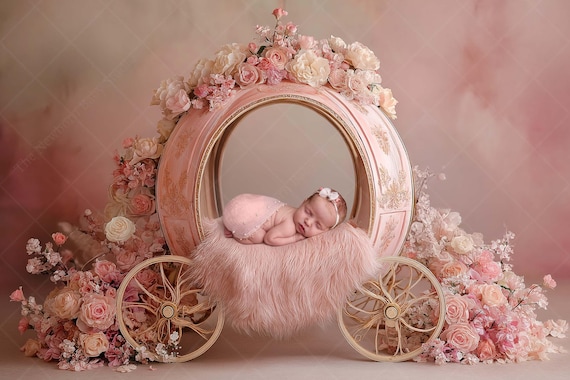 Pink Floral Carriage Newborn Digital Backdrop | Princess Baby Photo Prop | Fairytale Girl Composite Photography Background