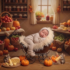 Op de afbeelding: Een slapende baby in een grijze outfit rust in een vintage kinderwagen. De scène is ingericht met pompoenen, manden met appels en kaas, wat een gezellig herfstthema creëert. Twee speelgoedmuizen zijn in de buurt van de kaas.