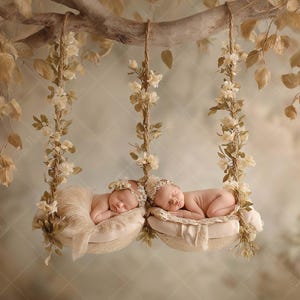 May include: Two sleeping newborns in decorative swings, suspended from a tree branch. The swings are decorated with cream-coloured fabric and floral accents. The background has a soft, blurred effect, with neutral-toned leaves.