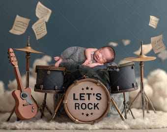 Newborn Digital Backdrop Drum Set Theme | Baby Rock Star Photo Prop | Let’s Rock Music Background for Composite Photography