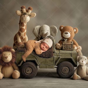 Newborn Digital Backdrop Safari Jeep Theme | Jungle Animal Baby Photo Prop | Safari Adventure Background