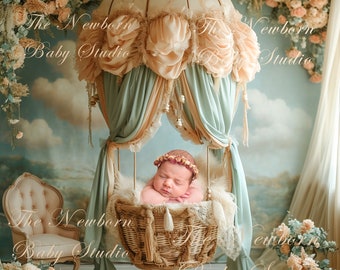 Newborn Digital Backdrop with Hot Air Balloon, Newborn Digital Background, Digital Backdrop Newborn, Hot Air Balloon, floral, bedroom, girl