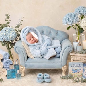 Digital bakgrund för nyfödd pojke-spa-tema, babyblå stolsuppsättning, hortensiablommor, ansiktsinsatsbakgrund PSD