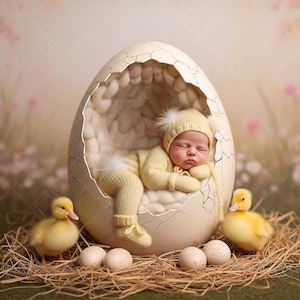 May include: A newborn baby in a yellow outfit sleeps inside a cracked eggshell, nestled on a bed of hay. Two yellow ducklings and several eggs surround the egg, with a soft floral background.