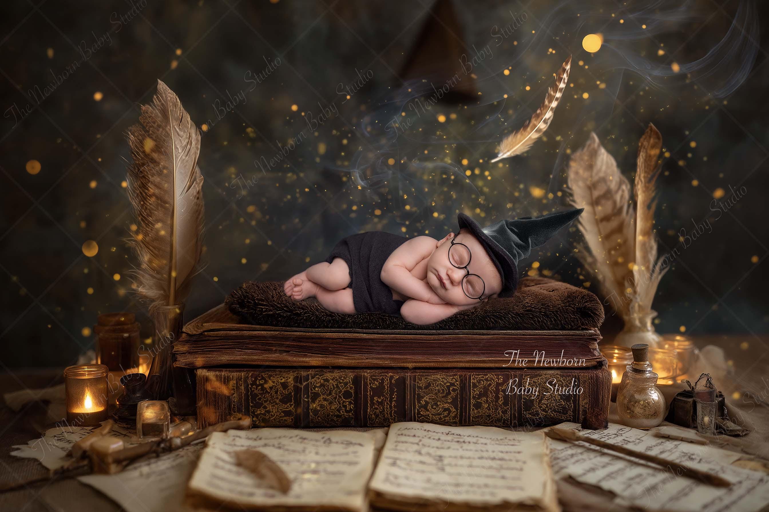 Wizard Newborn Digital Backdrop | Magical Wizarding World Inspired | Floating Quill, Spell Book & Candlelight Scene