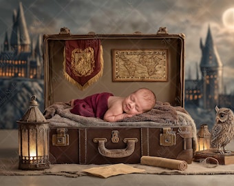Wizard School Newborn Digital Backdrop | Magical Suitcase Photography Prop | Baby Wizard Photo Background