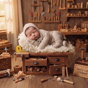 Könnte beinhalten: Ein schlafendes Baby in einem Strick-Outfit und Hut liegt auf einer flauschigen weißen Oberfläche auf einer Miniatur-Werkbank aus Holz. Die Werkbank hat Schubladen und ist von Miniaturwerkzeugen und einem Schild mit der Aufschrift "Dad's Little Helper" umgeben.