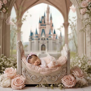 May include: A newborn baby sleeps peacefully in a decorative, antique-style bed. The bed is surrounded by roses and butterflies, with a fairytale castle in the background. The scene is soft and romantic, with a focus on the baby.