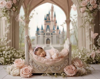 Princess Castle Newborn Digital Backdrop | Fairytale Baby Bed Scene | Fantasy Nursery Photo Background