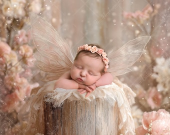 Fairy Wings Newborn Digital Backdrop, Blush Floral Baby Girl Composite Background, Whimsical Woodland Photography Prop
