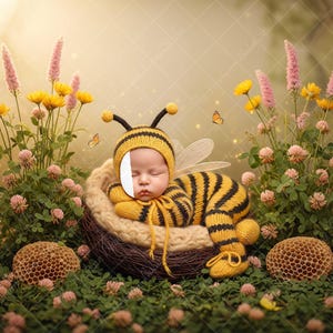 May include: A newborn baby dressed in a yellow and black striped bee costume, complete with a hat with antennae and wings, lies peacefully in a woven nest. The scene is surrounded by flowers, butterflies, and honeycomb decorations.