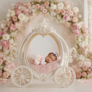 May include: A newborn baby sleeps peacefully in a white, ornate carriage-shaped bed. The carriage is decorated with intricate details and set against a backdrop of pink and white flowers. A pink fur blanket and a pink headband complete the scene.
