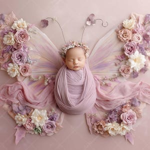 Cenário digital floral para recém-nascidos com borboletas | Asas em rosa suave e lavanda | Adereço para fotografia de recém-nascidos