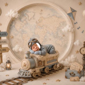 Newborn Train Digital Backdrop Face Insert | Adventure Train Baby Composite | Vintage World Map Photography Background | Download PSD & PNG