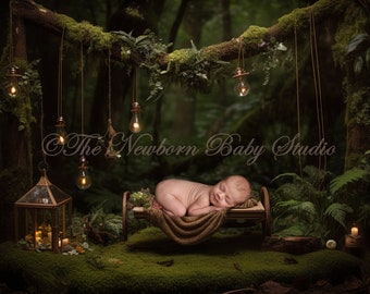 Woodland Digital Backdrop, Newborn Digital Backdrop woodland, Lanterns, Lights, Boy, Girl, Photography prop