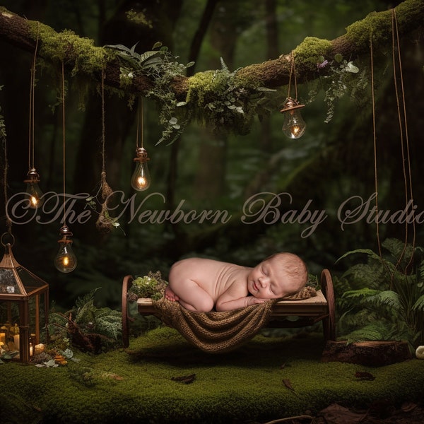 Woodland Digital Backdrop, Newborn Digital Backdrop woodland, Lanterns, Lights, Boy, Girl, Photography prop