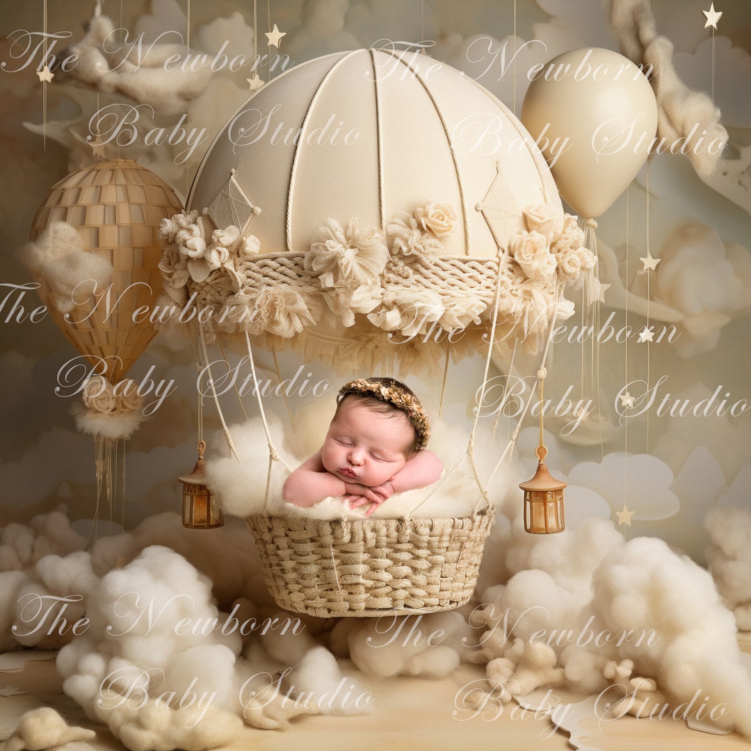 Hot Air Balloon Digital Backdrop Newborn, Cream Hot Air Balloon, Stars