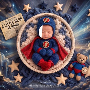 May include: A newborn baby wearing a dark blue knitted superhero costume with a red cape, red cuffs, and a yellow lightning bolt emblem on the chest and hat. The baby rests in a round basket with a teddy bear and a newspaper reading A LITTLE HERO IS BORN.