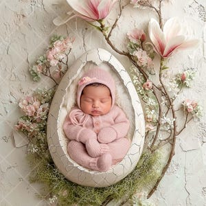 May include: A baby in a pink knitted outfit and bonnet, inside a cracked eggshell. The egg is surrounded by pink and white flowers and greenery, against a textured white backdrop. The scene evokes a sense of new life.