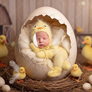 May include: A newborn baby dressed in a yellow chick outfit, nestled inside a cracked eggshell. The scene includes toy ducklings, eggs, and a barn backdrop, creating a whimsical Easter or springtime theme.