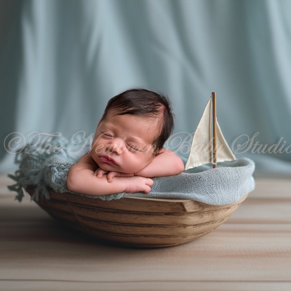 Newborn Digital backdrop with boat, Boat Backdrop for boy, Light Blue, photography prop