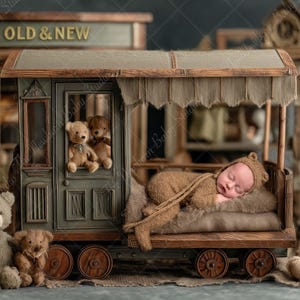 Puede incluir: Un bebé recién nacido dormido, vestido con un conjunto y gorro de punto marrón, descansa sobre una cama de tren de madera. El tren está pintado en verde y marrón, con osos de peluche dentro y fuera. El letrero superior dice "OLD & NEW".