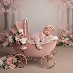 以下が含まれることがあります： ピンク色のニットの衣装とボンネットを着た眠っている赤ちゃんが、ヴィンテージスタイルのピンク色のベビーカーで休んでいます。 ベビーカーは花で飾られ、ローズゴールドのアクセントが付いています。 背景には、柔らかい花柄の背景があります。
