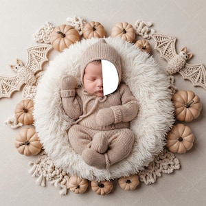 May include: A newborn baby in a beige knit outfit, including a hat and mittens, lies in a fluffy white nest. The nest is surrounded by small beige pumpkins, macrame bats, and decorative elements, creating a fall or Halloween theme.