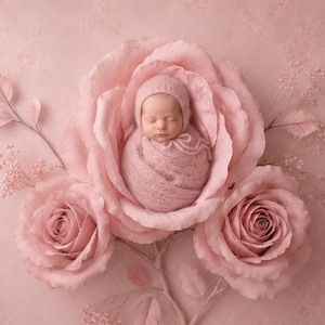 May include: A newborn infant wrapped in a soft, light pink knitted swaddle and matching bonnet, nestled within the center of a large, layered pink rose blossom, surrounded by two additional pink roses and delicate sprigs of baby's breath.