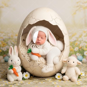 Può includere: Un neonato vestito con un costume da coniglietto bianco, adagiato all'interno di un guscio d'uovo crepato. Il bambino tiene in mano una carota. Un coniglietto e un agnello di peluche sono ai lati dell'uovo, con uno sfondo floreale.