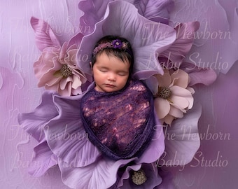 May include: A newborn baby is sleeping peacefully in a purple flower prop. The baby is wrapped in a purple swaddle and has a purple headband on. The background is a light purple.