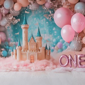 1st birthday backdrop | Children Birthday Background | Princess digital overlay | Pink Balloons | ONE | Castle | Girls | Cake smash Insert