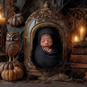 Puede incluir: Un bebé recién nacido envuelto en una manta y gorro gris oscuro, dentro de una jaula para pájaros antigua y ornamentada. La escena está decorada con calabazas, velas, una figura de búho y libros antiguos, creando un tema vintage y otoñal.